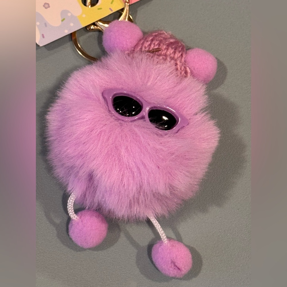 Bag Charm Purple Fluffy Pom Pom Plush with Sunglasses Keychain